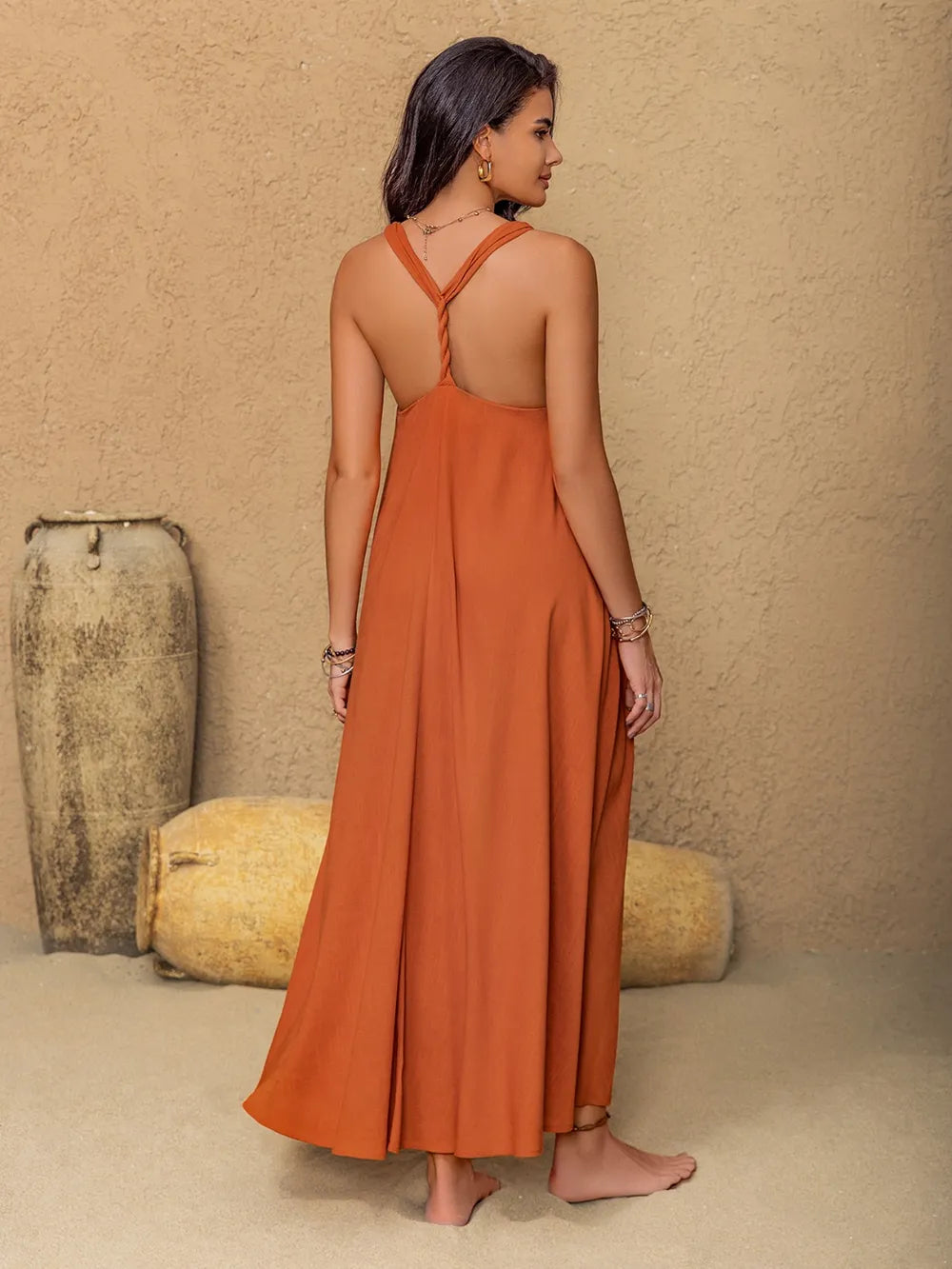 Ruched Twisted Back Sleeveless Maxi Cami Dress - Blushé Belle