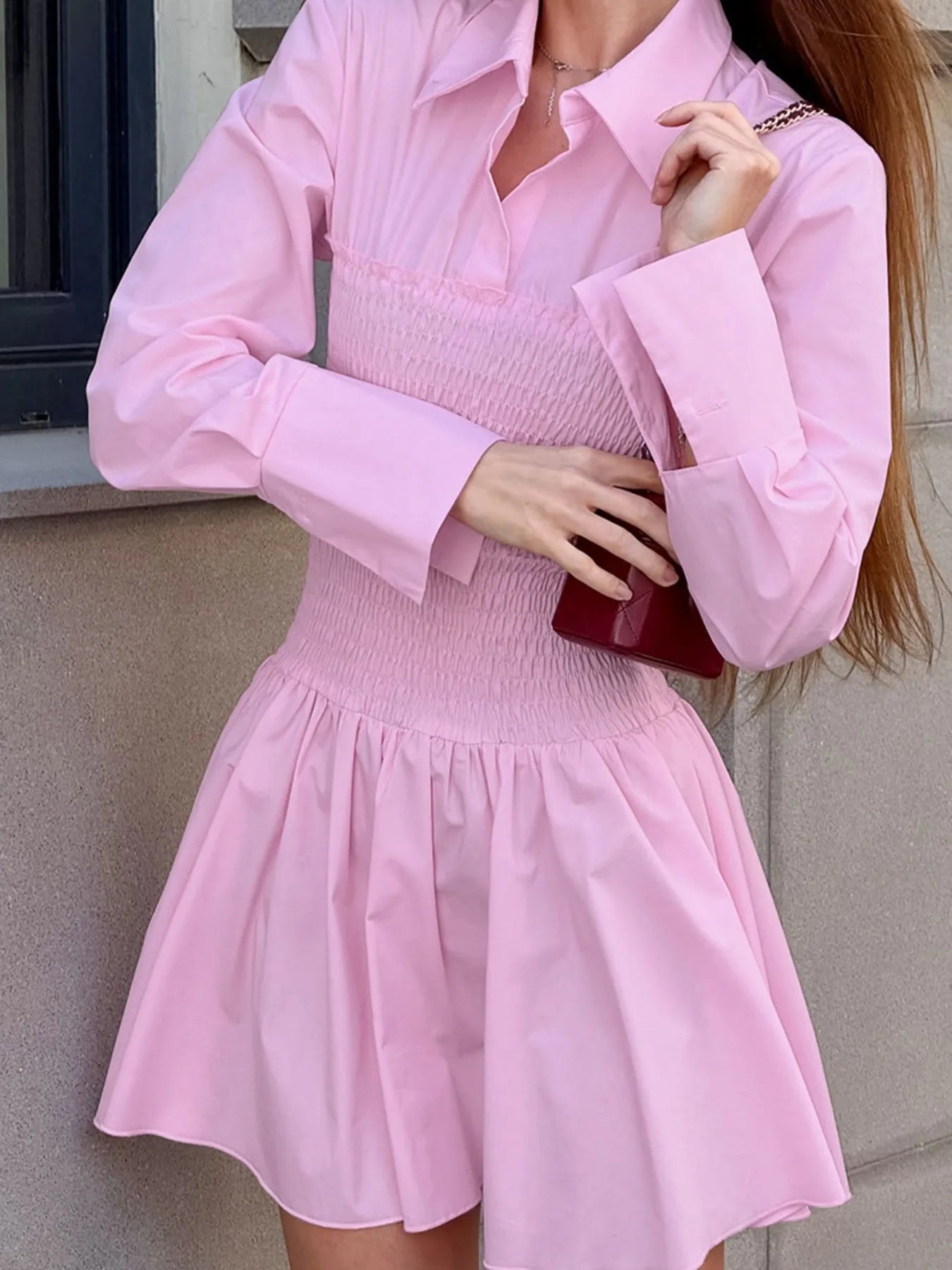 Smocked Long Sleeve Shirt Dress - Blushé Belle