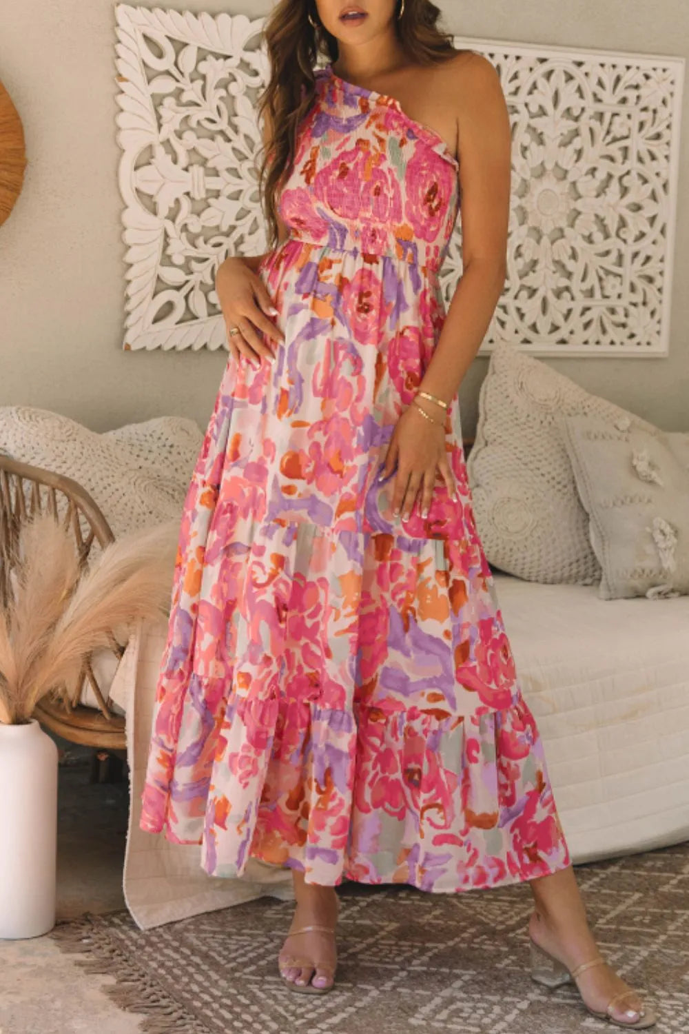 Floral Print Shirred One Shoulder Maxi Dress - Blushé Belle