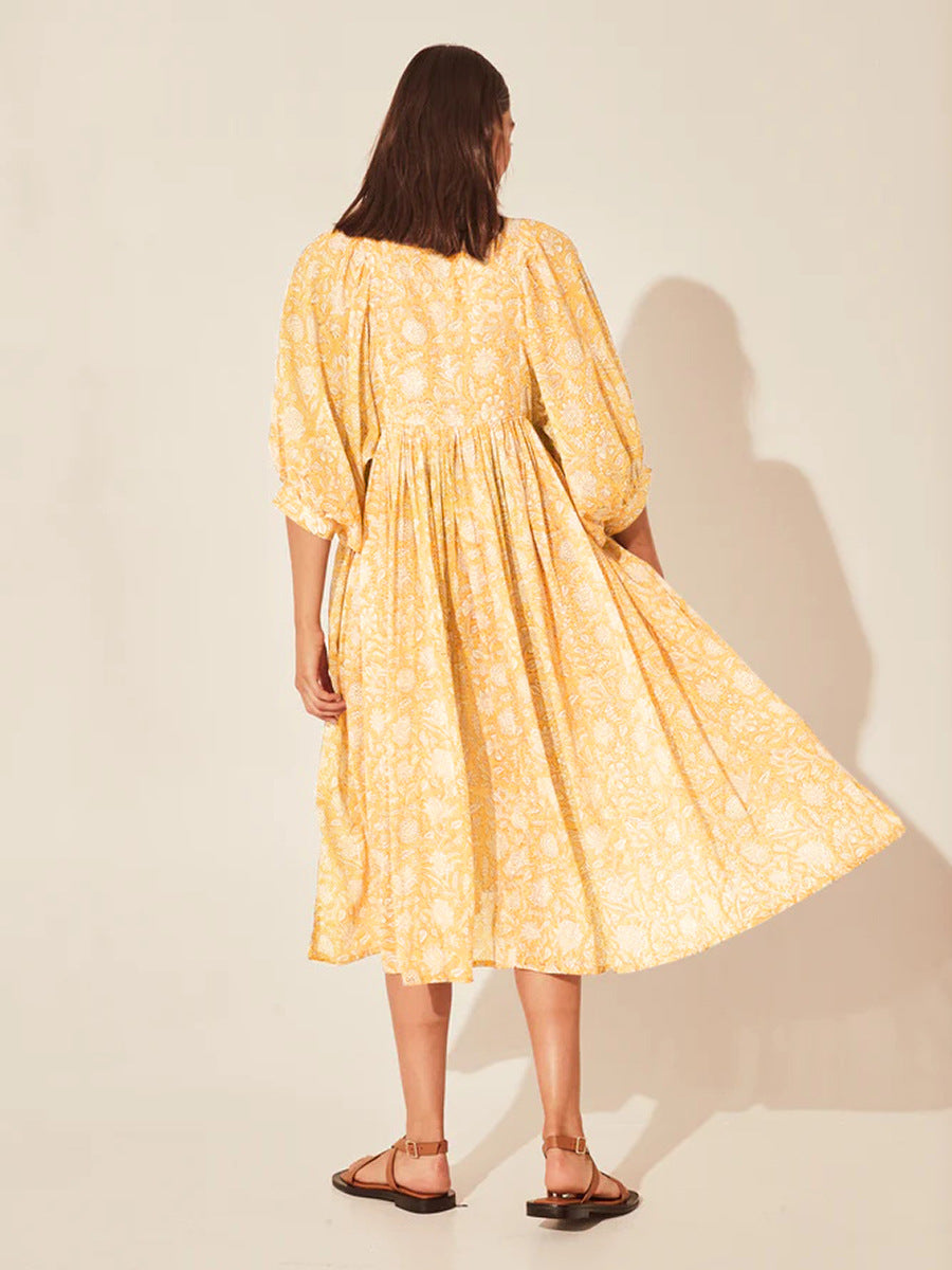Floral Tie Neck Lantern Sleeve Dress - Blushé Belle