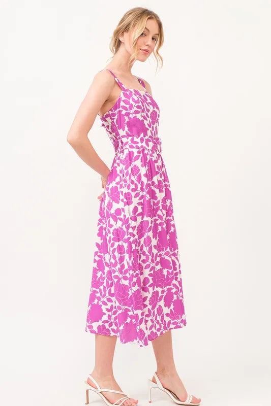 And The Why Square Neck Belted Floral Printed Midi Dress - Blushé Belle