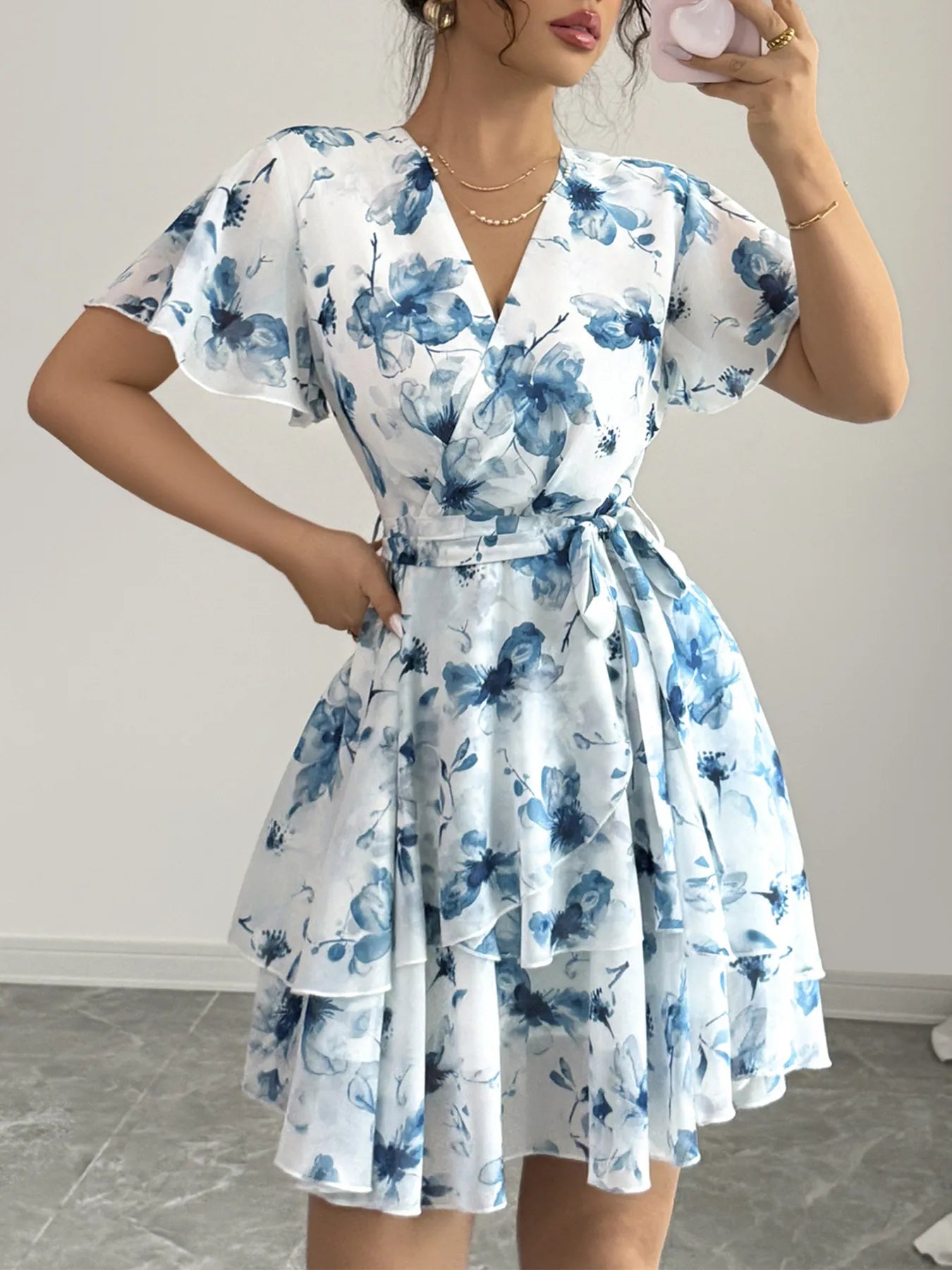Printed Surplice Layered Mini Dress - Blushé Belle