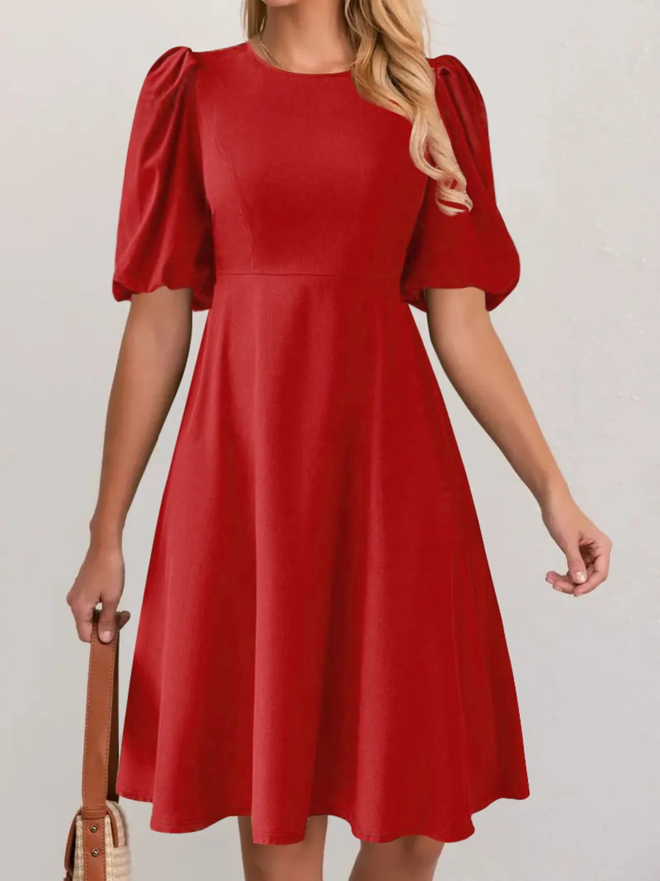 Round Neck Puff Sleeve A-Line Dress - Blushé Belle