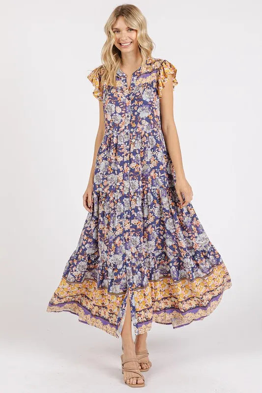 Mittoshop Floral Ruffled Notched Cap Sleeve Maxi Dress - Blushé Belle