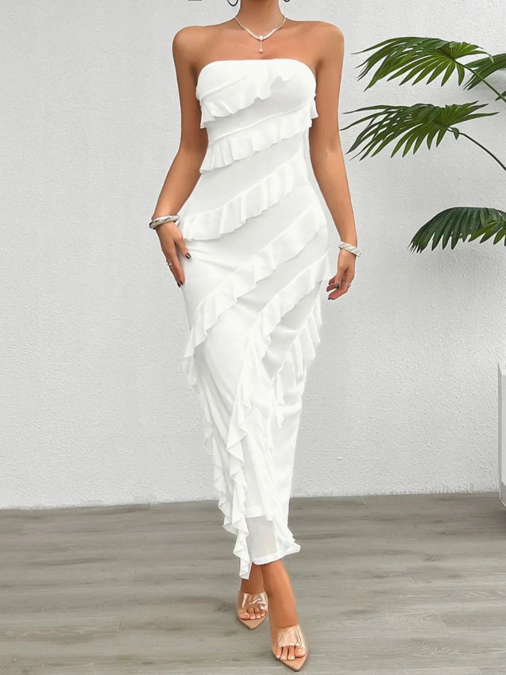 Devine Ruffled Slit Back Tube Maxi Dress - Blushé Belle