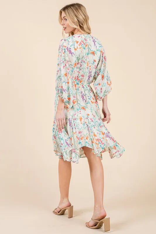 Lime 'N' Chili Floral Cinched Waist Balloon Sleeve V-Neck Dress - Blushé Belle