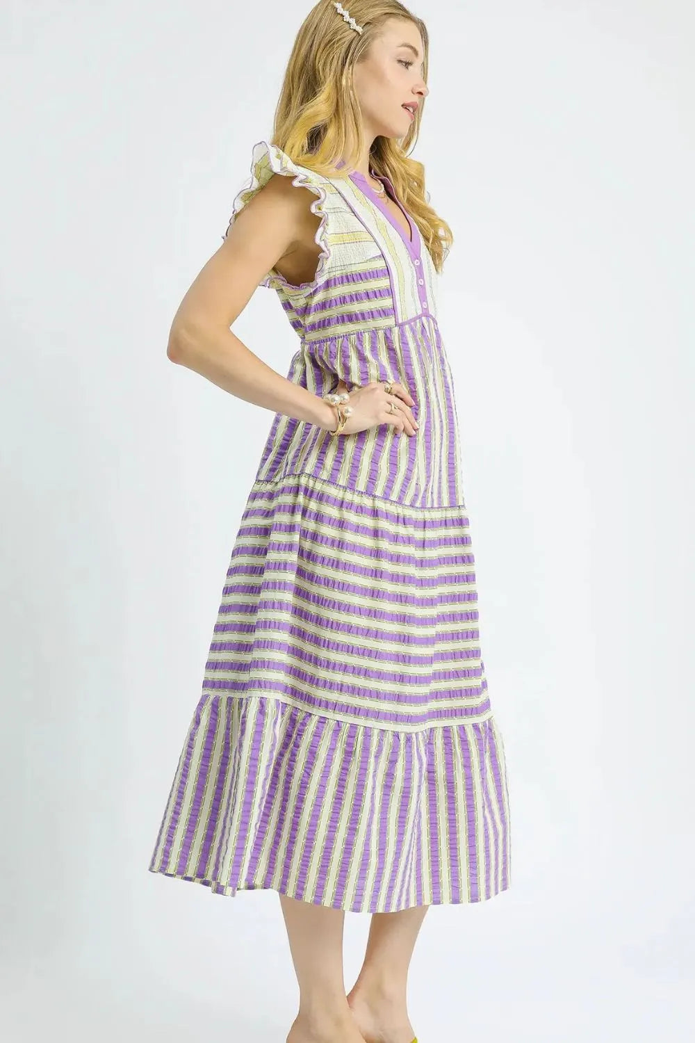 Umgee Striped Ruffle Cap Sleeve Midi Dress - Blushé Belle