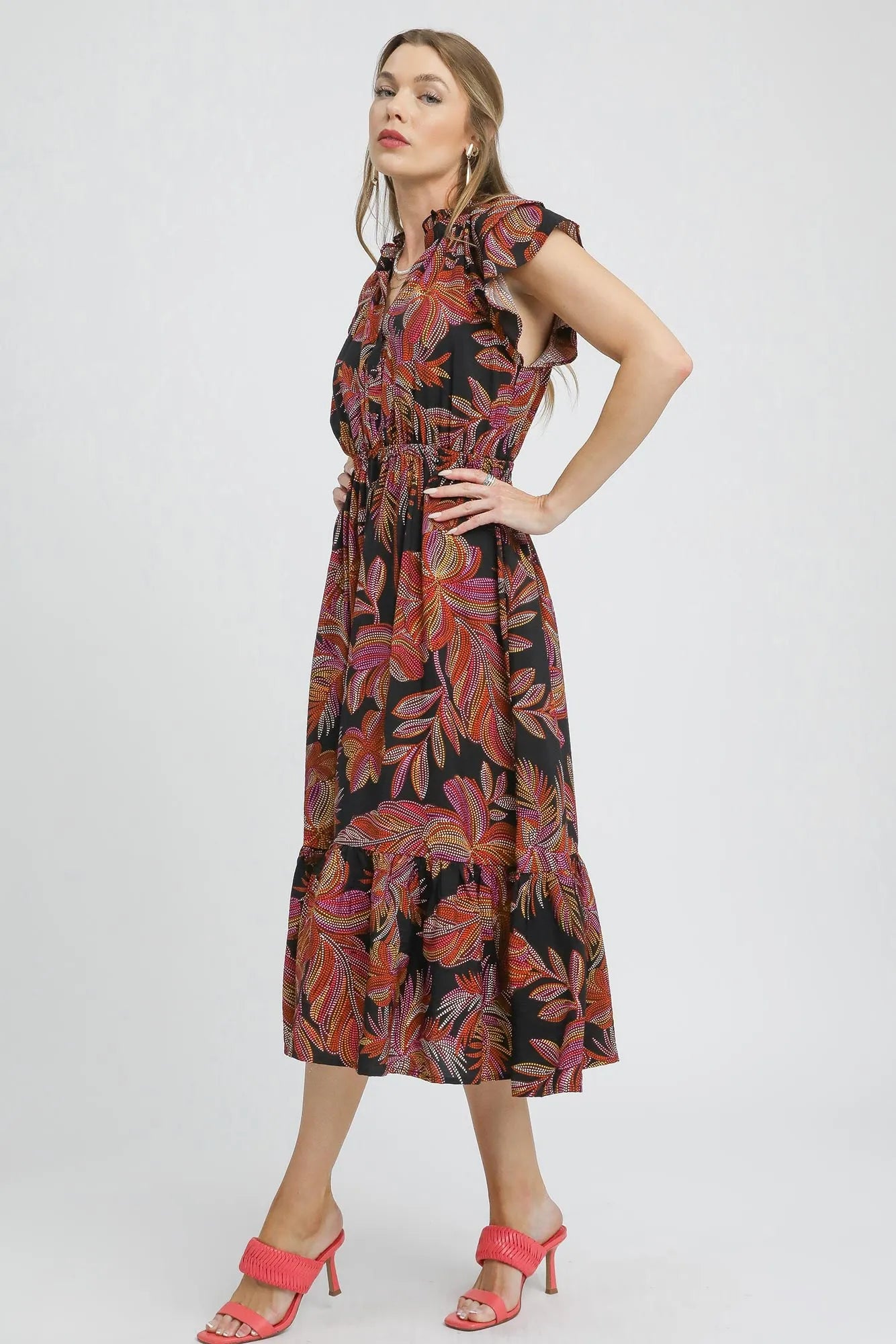 Umgee Mix Ruffle Sleeve Tropical Midi Dress - Blushé Belle