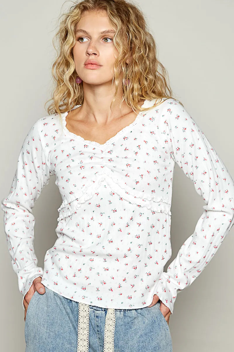 POL Floral V-Neck Long Sleeve T-Shirt - Blushé Belle