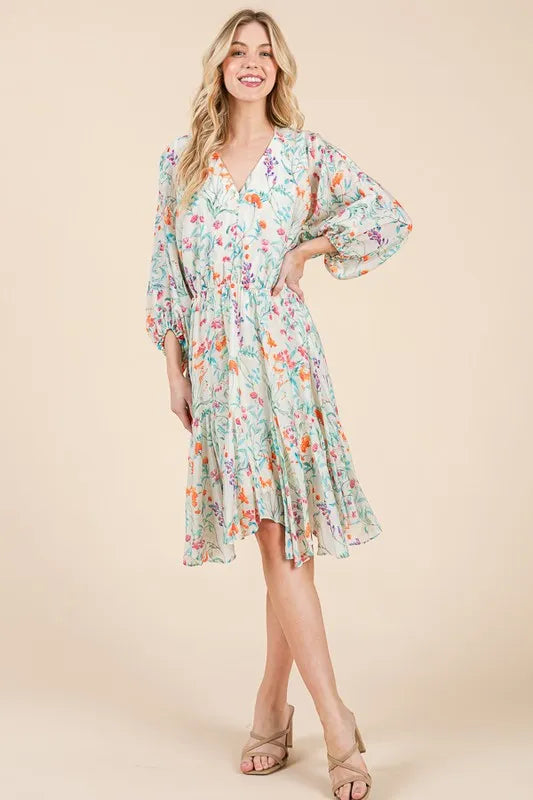 Lime 'N' Chili Floral Cinched Waist Balloon Sleeve V-Neck Dress - Blushé Belle