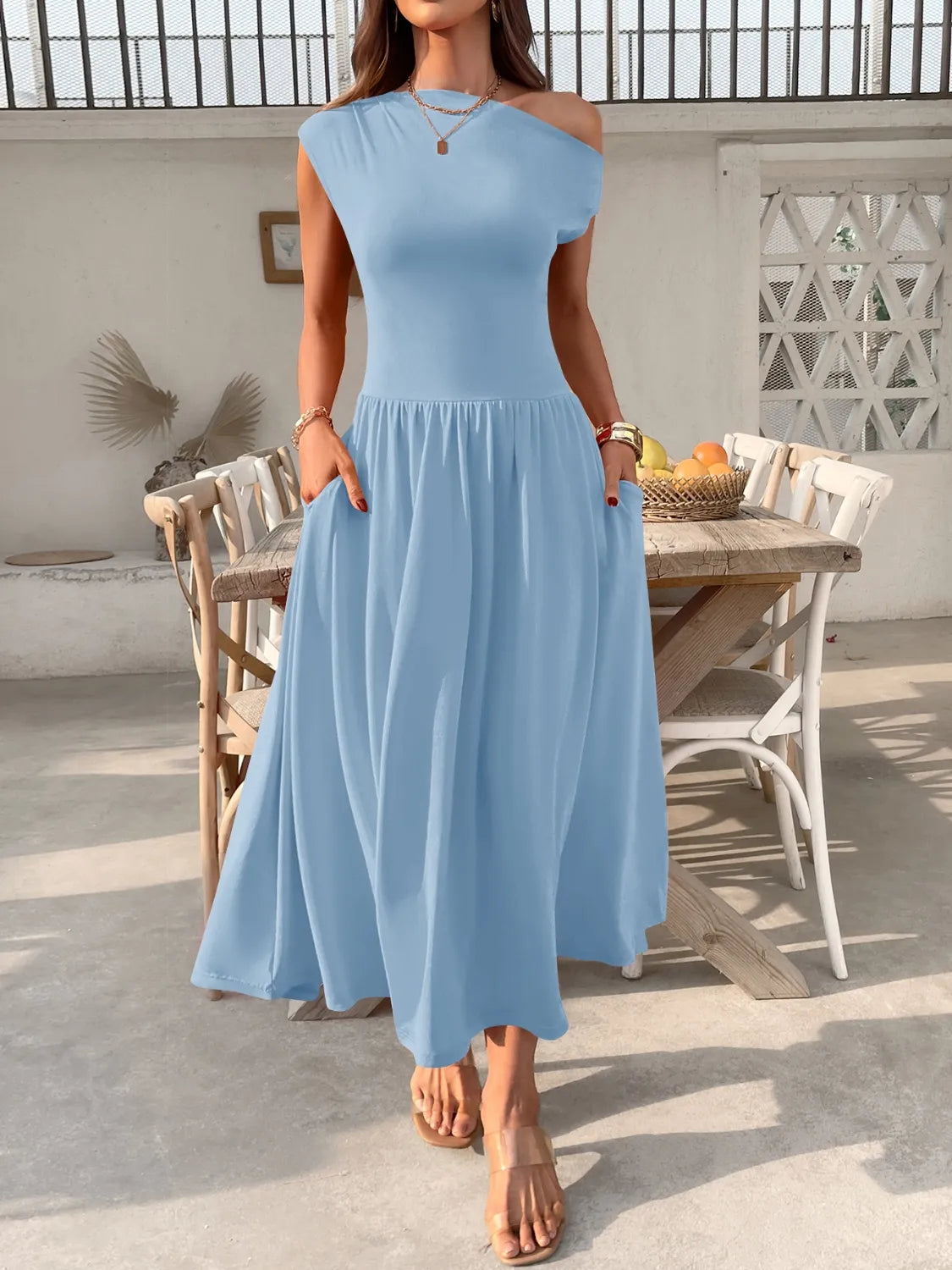 Single Shoulder Midi Dress with Pockets - Blushé Belle