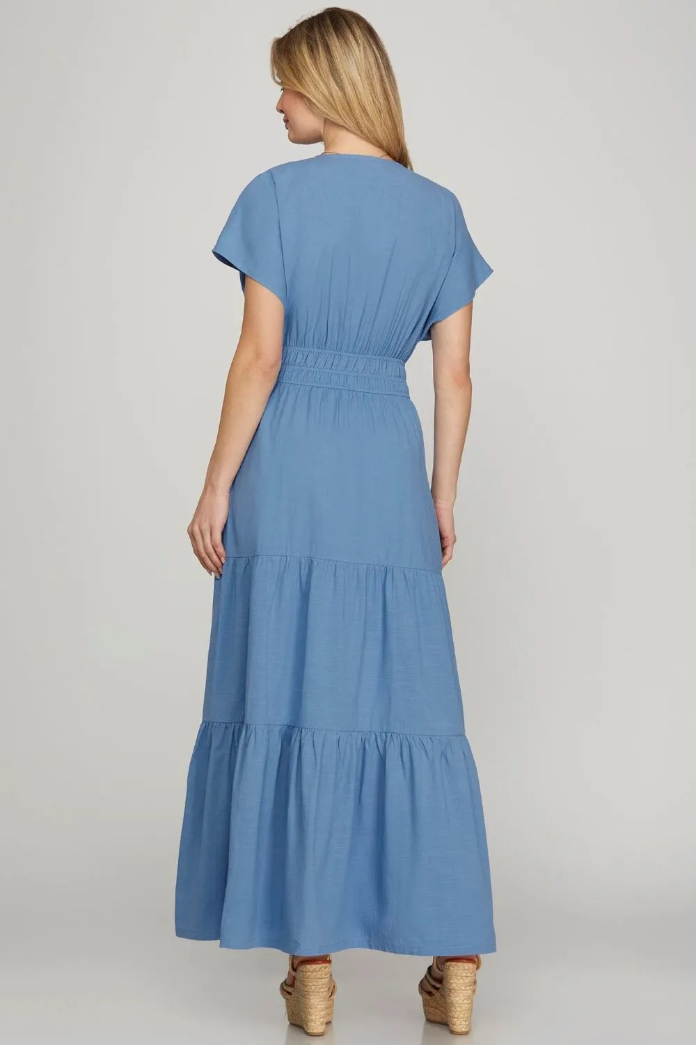 She + Sky Surplice Short Sleeve Tiered Maxi Dress With Pockets - Blushé Belle