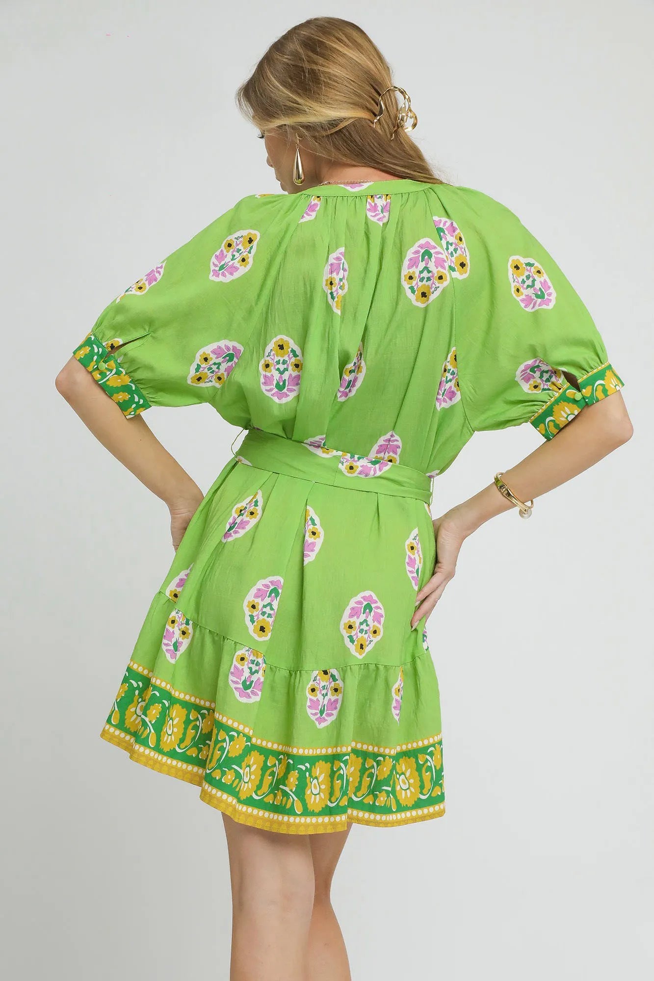 Umgee Floral Print Tie Waist Short Sleeve Dress - Blushé Belle