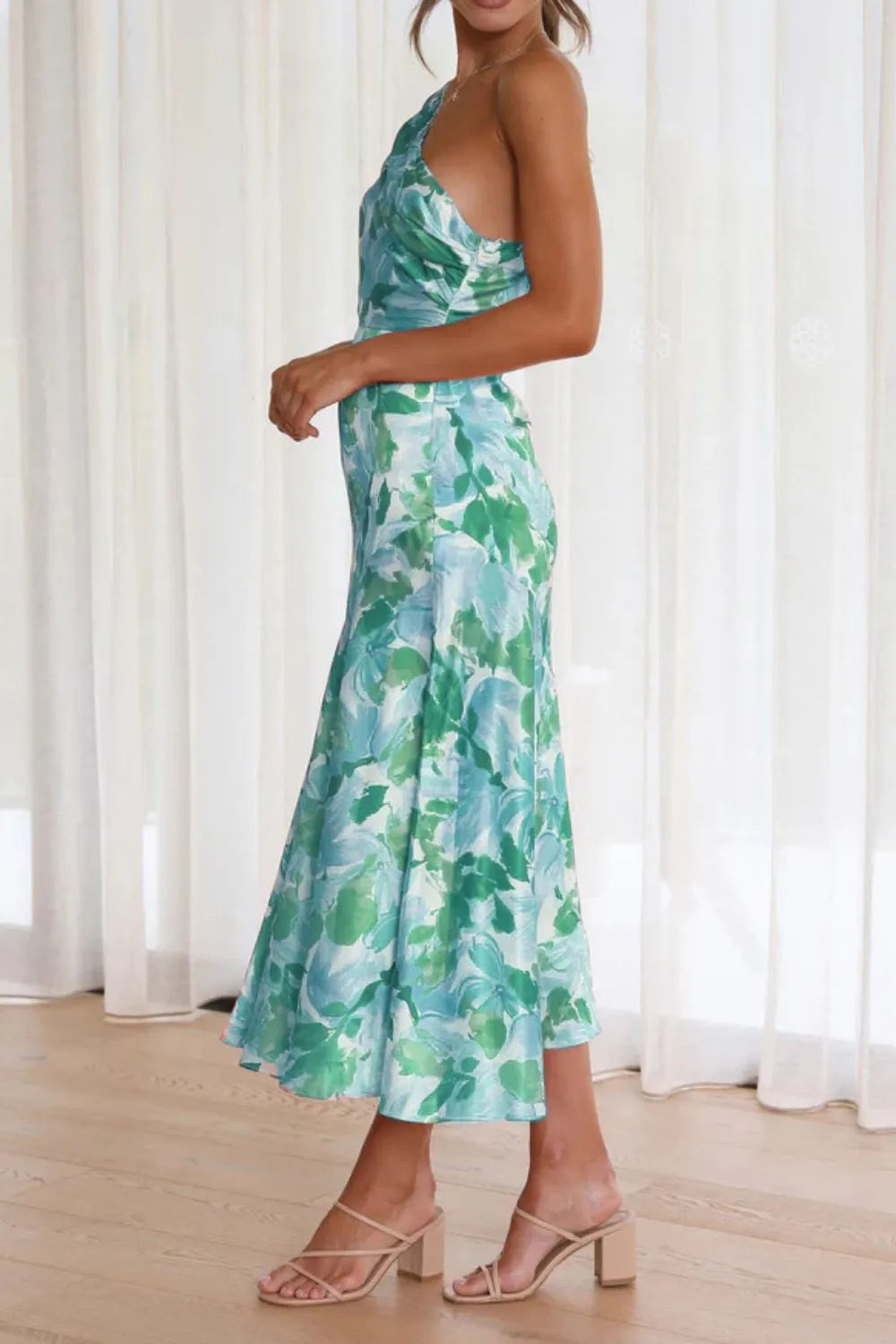 Ruched Printed Single Shoulder Midi Dress - Blushé Belle