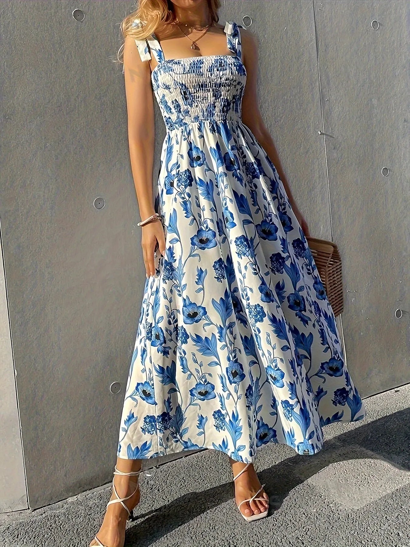 Floral Smocked Midi Dress with Tie Shoulders - Blushé Belle