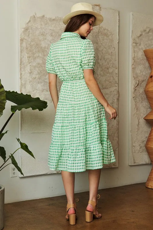 Davi & Dani Checkered Puff Sleeve Tiered Shirt Dress - Blushé Belle