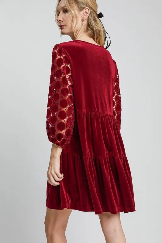Umgee Dotted Lace Sleeve Tiered Velvet Mini Dress - Blushé Belle