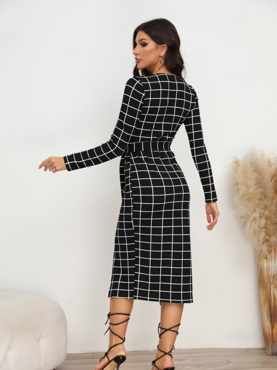 Plaid Long Sleeve Slit Dress - Blushé Belle