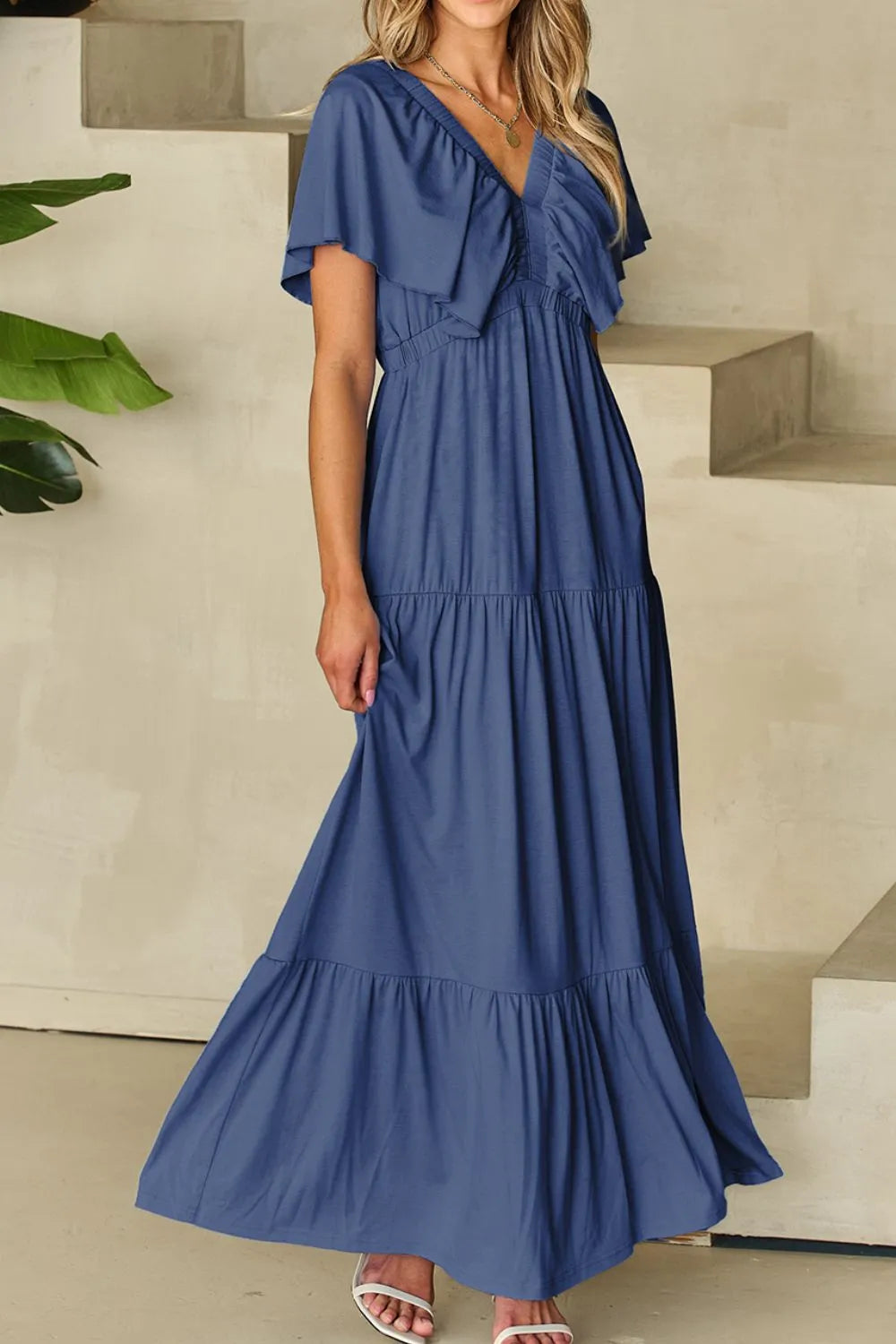 Ruffled V-Neck Short Sleeve Maxi Dress - Blushé Belle