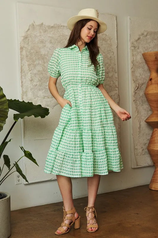 Davi & Dani Checkered Puff Sleeve Tiered Shirt Dress - Blushé Belle
