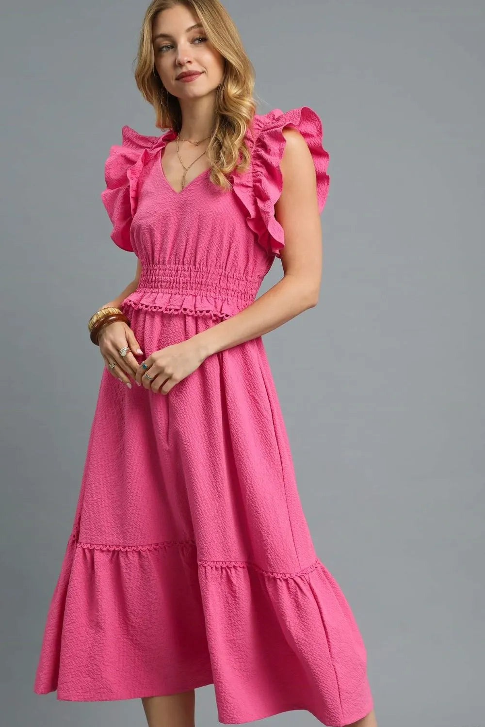Umgee V-Neck Ruffled Cap Sleeve Midi Dress - Blushé Belle