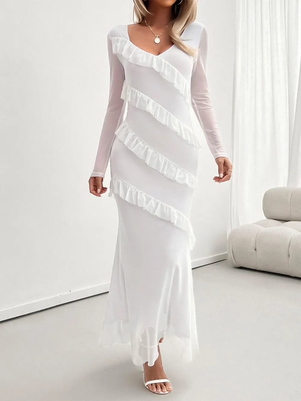 Devine Ruffled Surplice Long Sleeve Maxi Dress - Blushé Belle