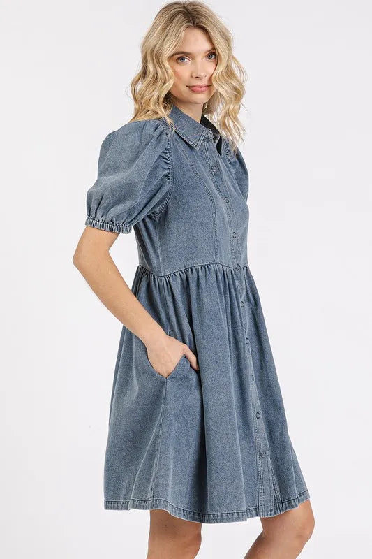 Mittoshop Button Down Puff Sleeve Denim Dress - Blushé Belle