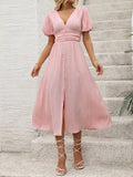 V-Neck Puff Sleeve Dress - Blushé Belle