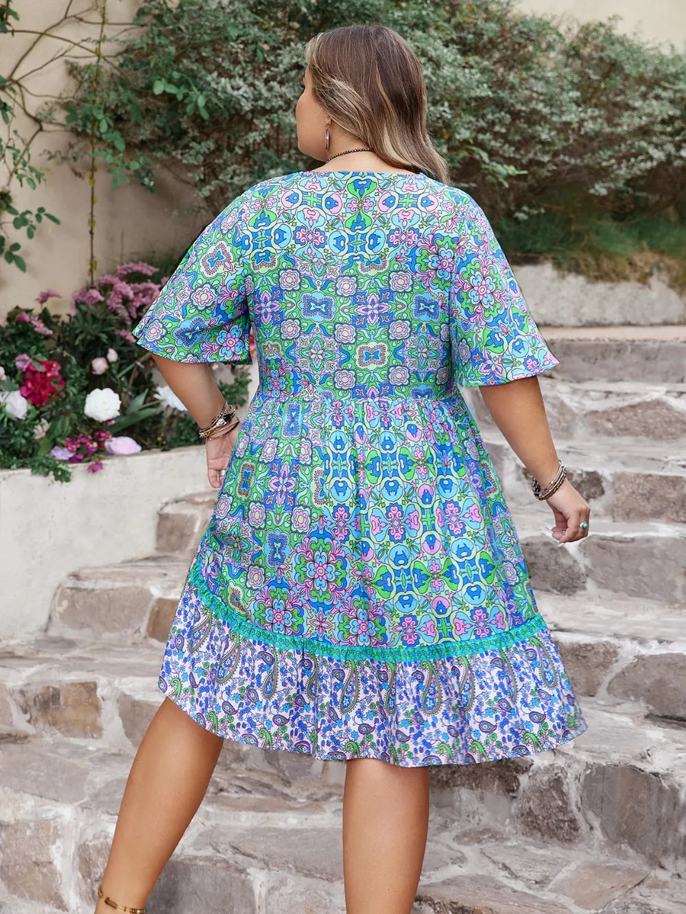 Plus Size Ruffled Hem Lace Detail Printed Half Sleeve Dress - Blushé Belle