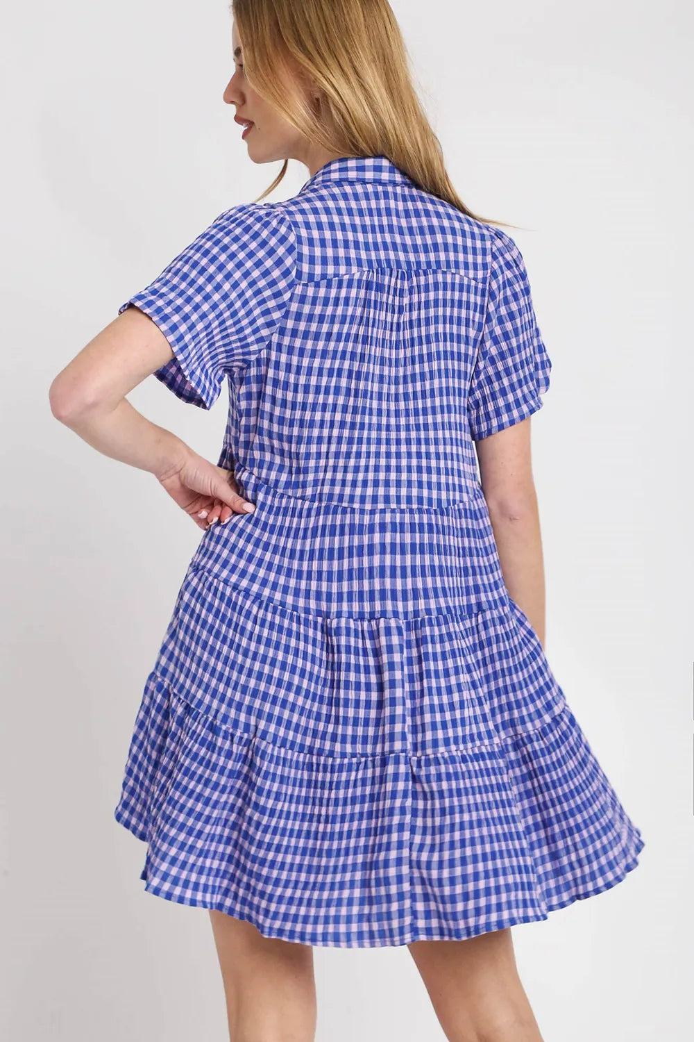 Umgee Full Size Gingham Tiered Button Detail Short Sleeve Dress Plus Size - Blushé Belle