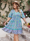 Plus Size Ruffled Hem Lace Detail Printed Half Sleeve Dress - Blushé Belle