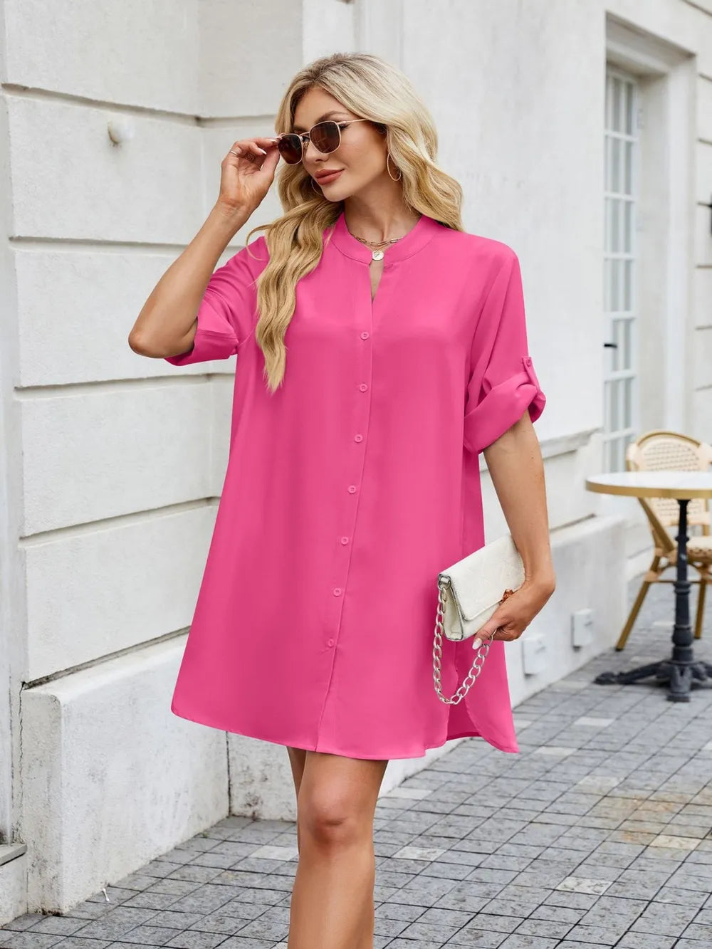 Notched Long Sleeve Mini Shirt Dress - Blushé Belle