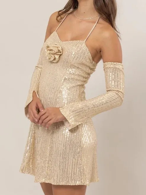HYFVE Sequin Rosette Halter Mini Dress - Blushé Belle