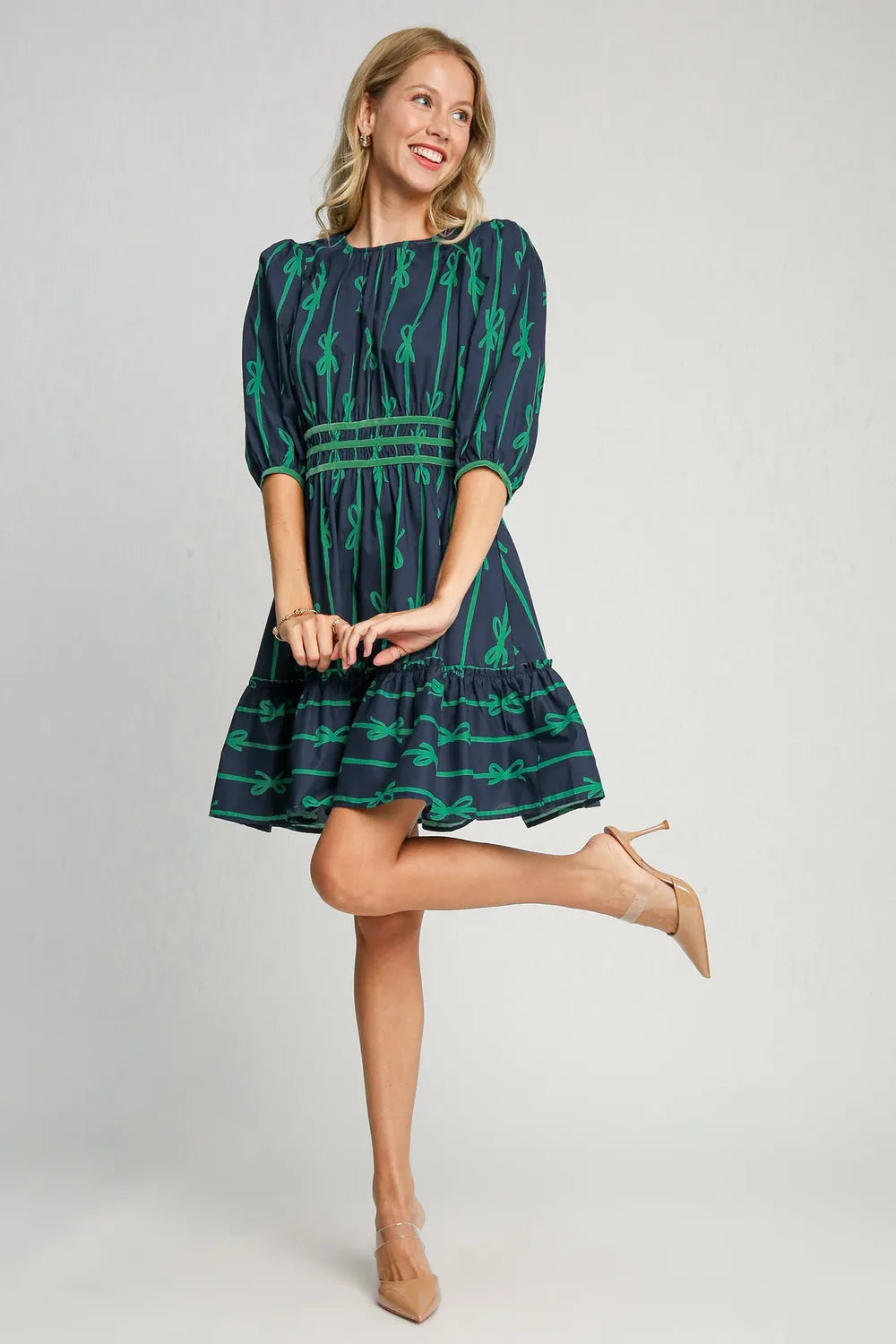 Umgee Ribbon Print Frill Contrast Velvet Trim Half Sleeve Dress - Blushé Belle