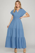 She + Sky Surplice Short Sleeve Tiered Maxi Dress With Pockets - Blushé Belle