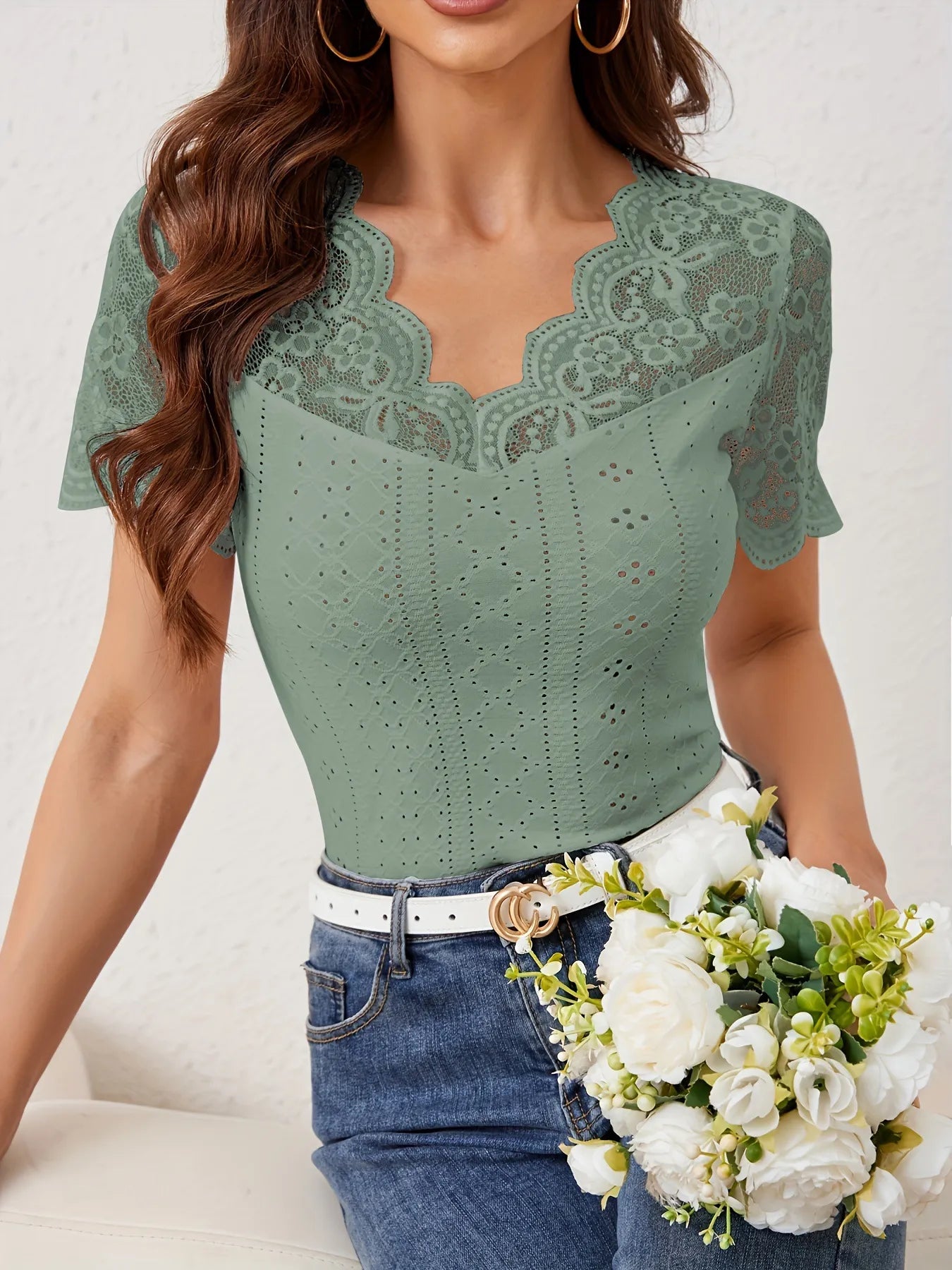 Lace Trim Eyelet Embroidered Summer T-Shirt - Blushé Belle