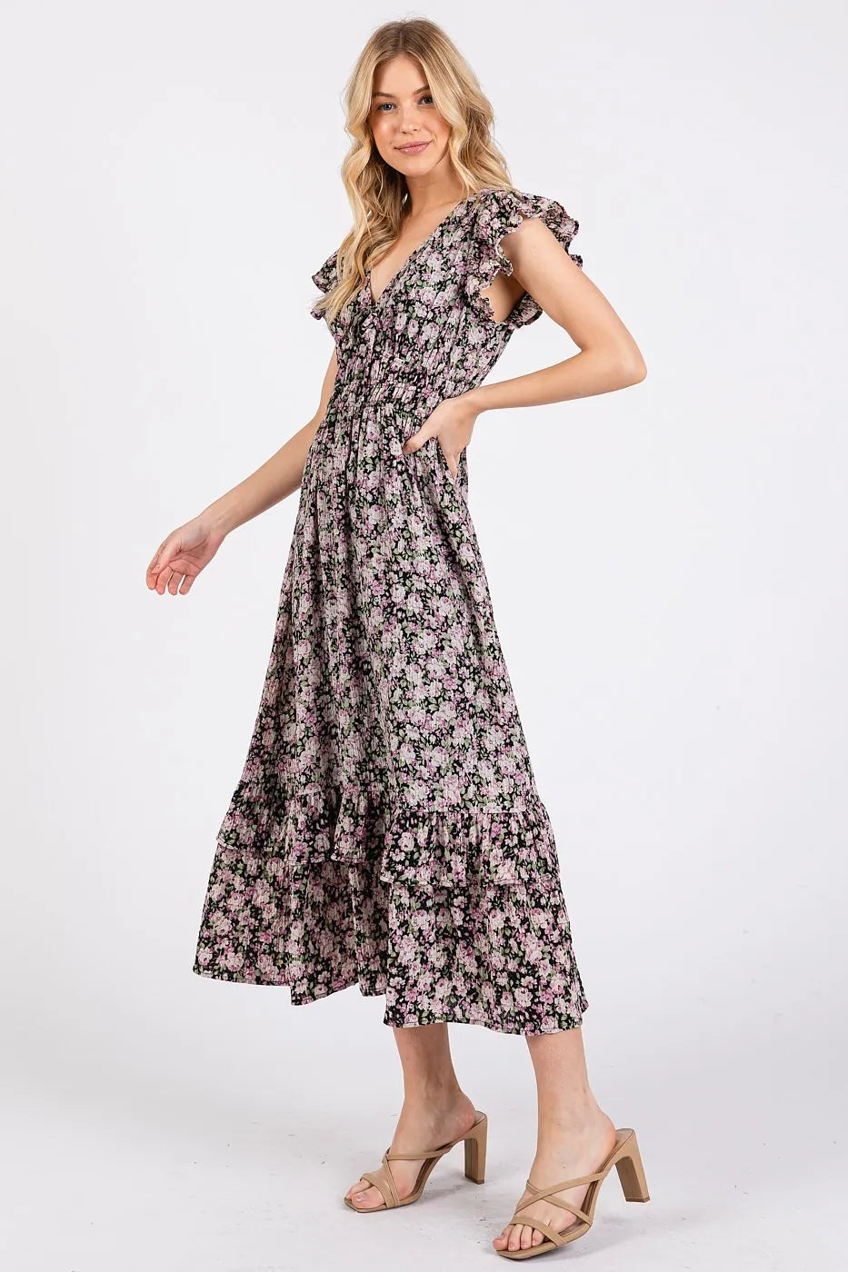 Mittoshop Flower Print Ruffle Cap Sleeve V-neck Midi Dress - Blushé Belle