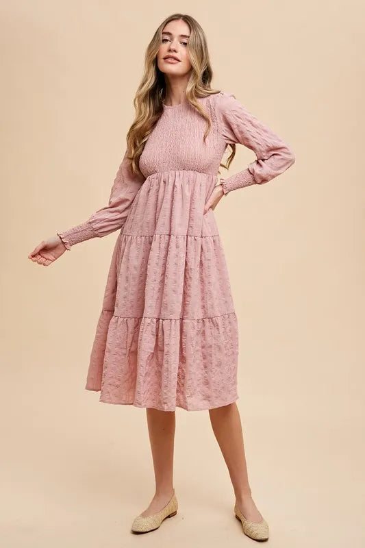 Annie Wear Textured Smocking Bodice Tiered Midi Dress - Blushé Belle