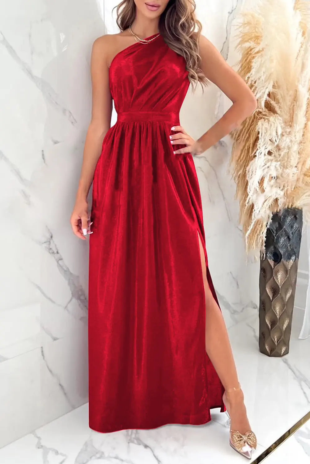 One Shoulder Slit Ruched Maxi Dress - Blushé Belle