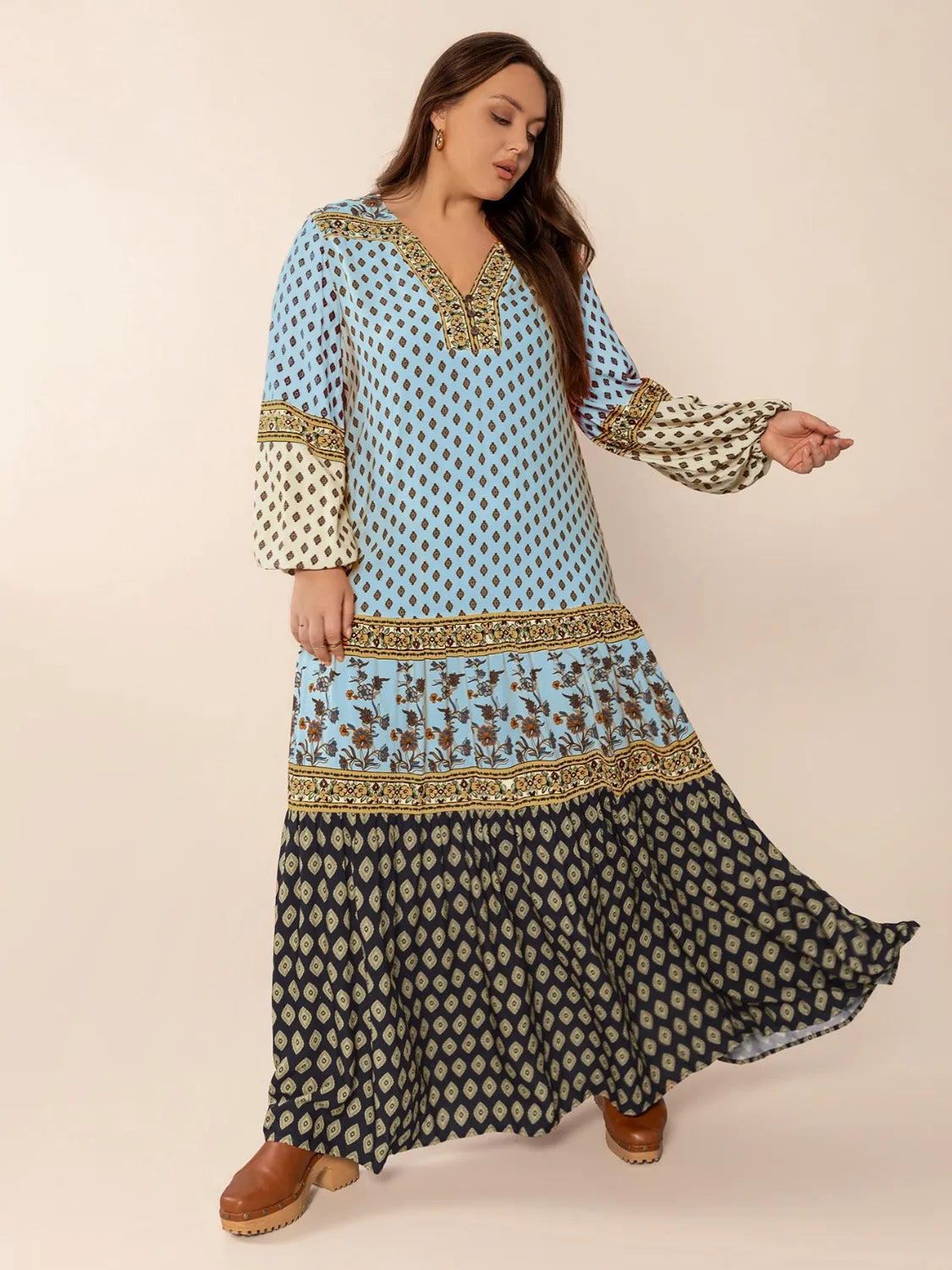 Plus Size Printed V-Neck Balloon Sleeve Maxi Dress - Blushé Belle