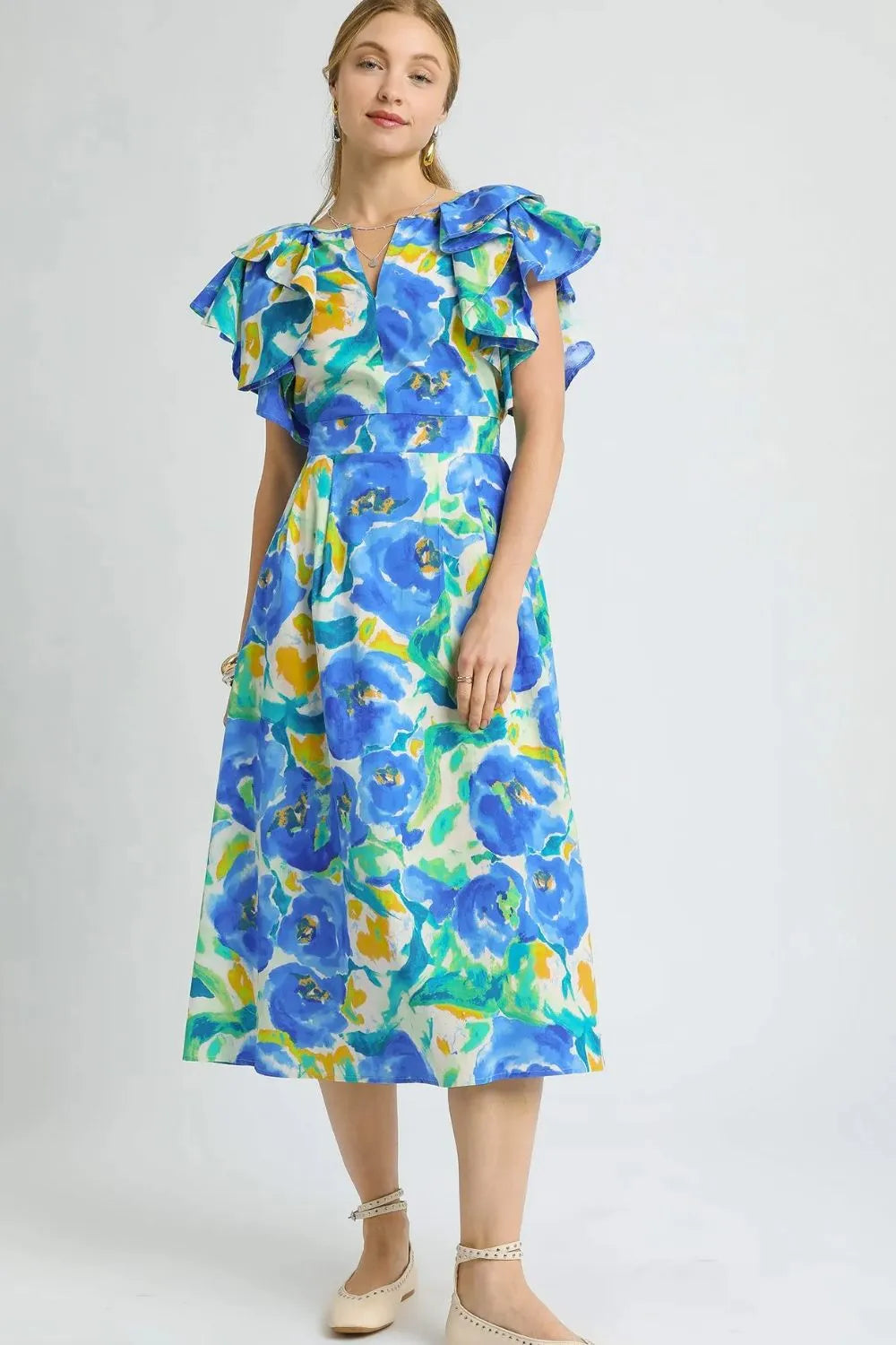 Umgee Floral Ruffled Cap Sleeve Midi Dress - Blushé Belle