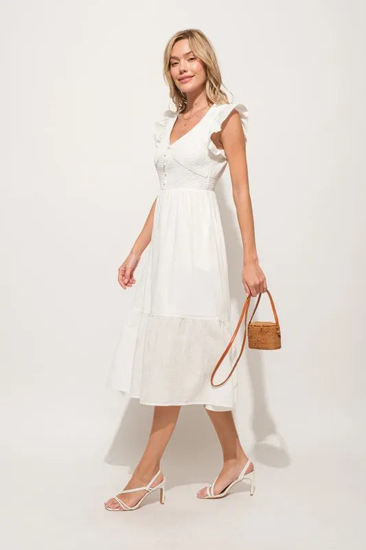 And The Why Ruffle Sleeve Front Smocked Tiered Midi Dress - Blushé Belle