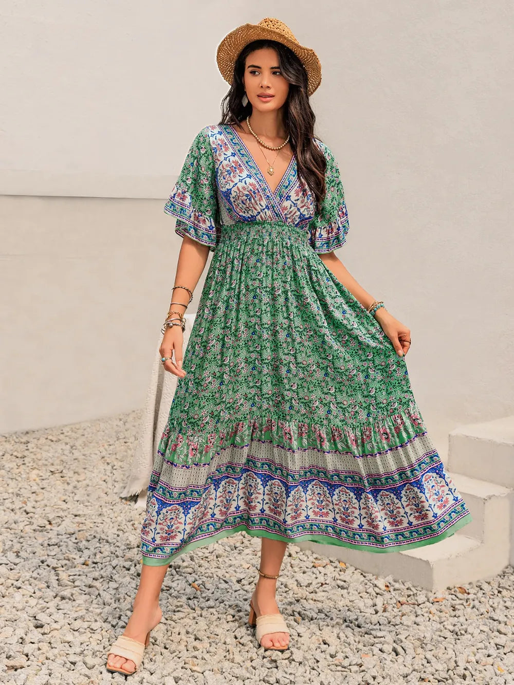 Ruched Printed Flounce Sleeve Midi Dress - Blushé Belle