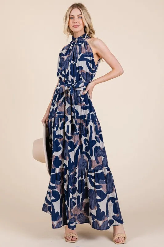 Lime 'N' Chili Abstract Halter Neck Tie-Waist Tiered Maxi Dress - Blushé Belle