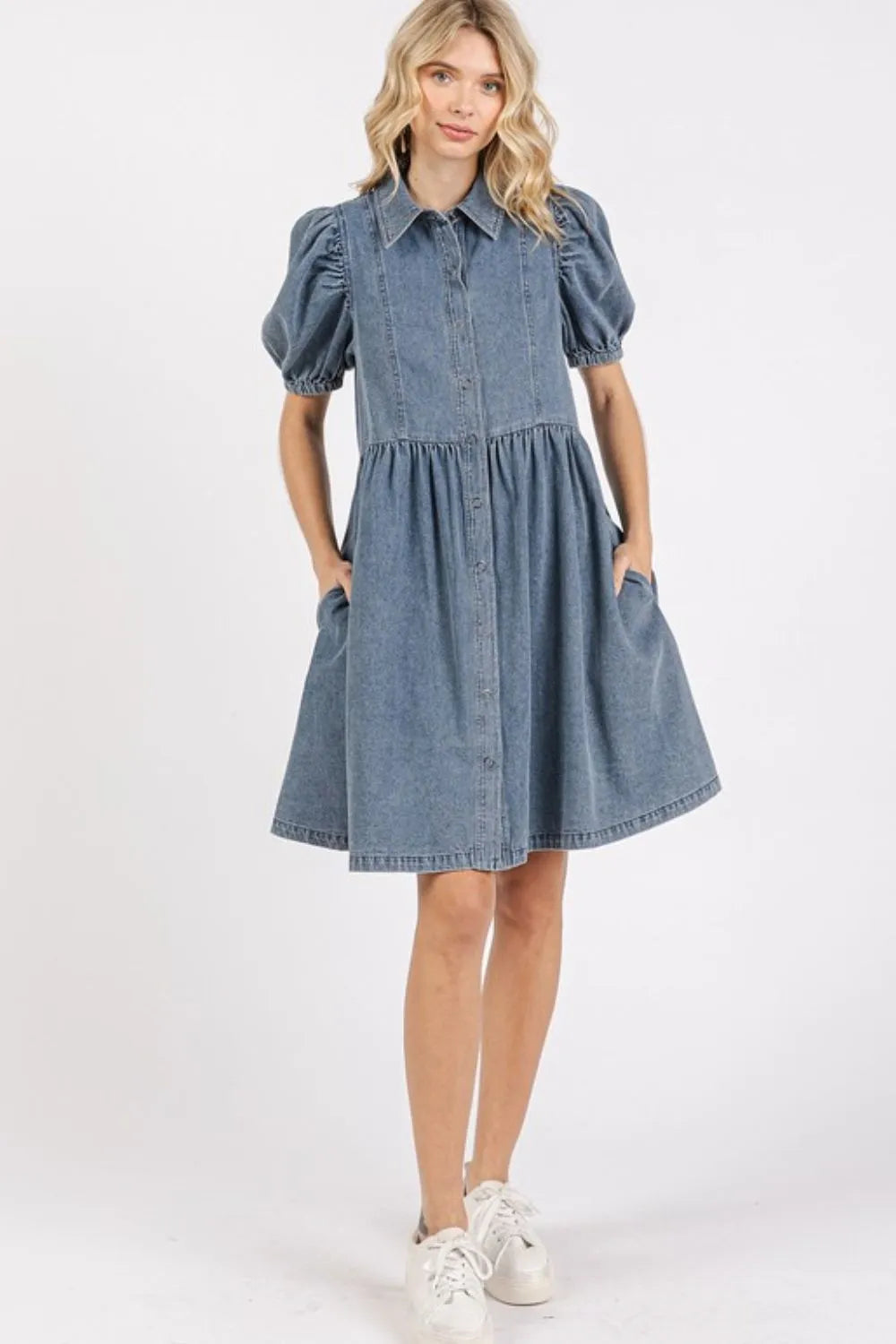 Mittoshop Button Down Puff Sleeve Denim Dress - Blushé Belle