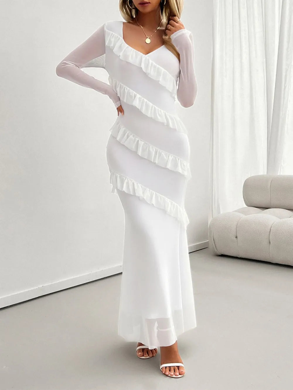Devine Ruffled Surplice Long Sleeve Maxi Dress - Blushé Belle
