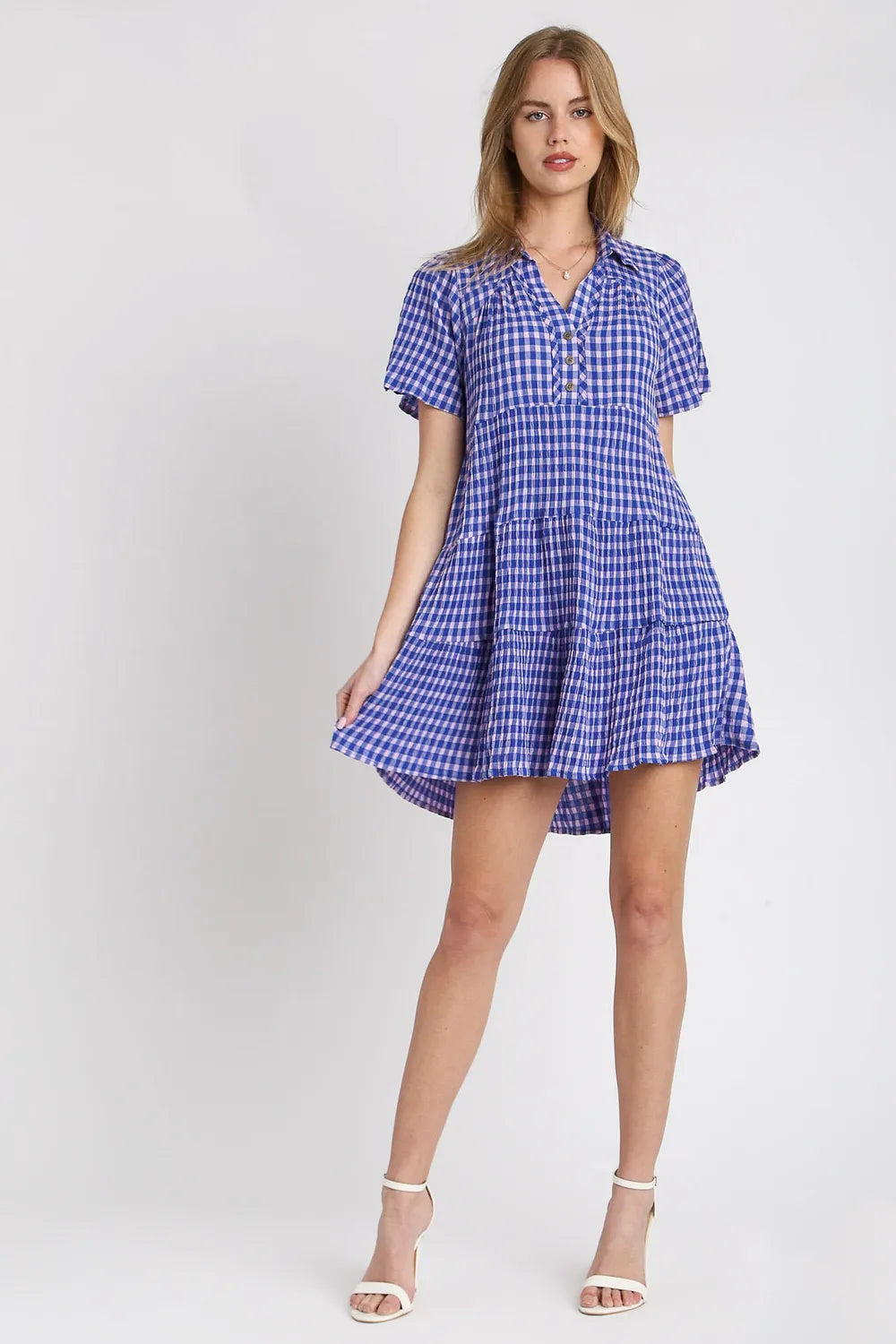 Umgee Full Size Gingham Tiered Button Detail Short Sleeve Dress Plus Size - Blushé Belle