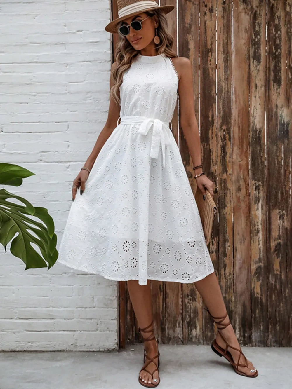 Eyelet Grecian Neck Tie Waist Midi Dress - Blushé Belle