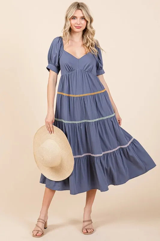 Lime 'N' Chili Trim Detail Puff Sleeve Tiered Maxi Dress - Blushé Belle