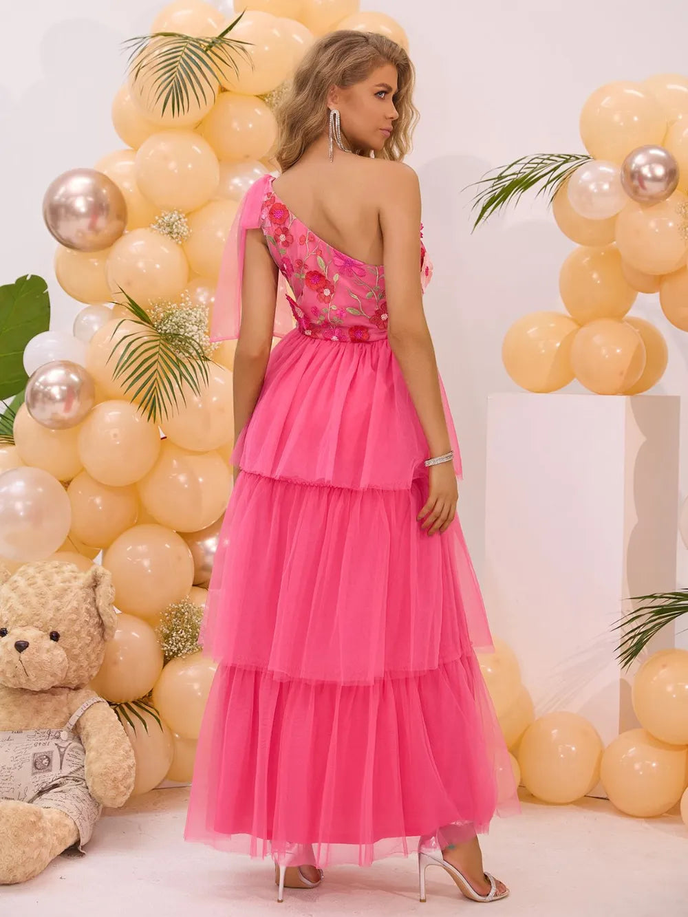 Embroidered Layered Single Shoulder Midi Dress - Blushé Belle